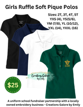 Load image into Gallery viewer, St. Jude's Embroidered Girls Ruffle Short Sleeve Soft Pique Polos