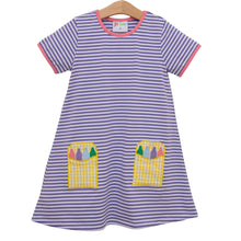 Load image into Gallery viewer, Crayon Pocket Applique Dress - Lavender Stripe