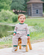 Load image into Gallery viewer, Patrick Romper - Tan Stripe & Hunter Green