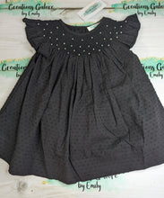 Load image into Gallery viewer, *PRE-ORDER EXTRAS* Black Swiss Dot Hand Smocked Dress with Pearls