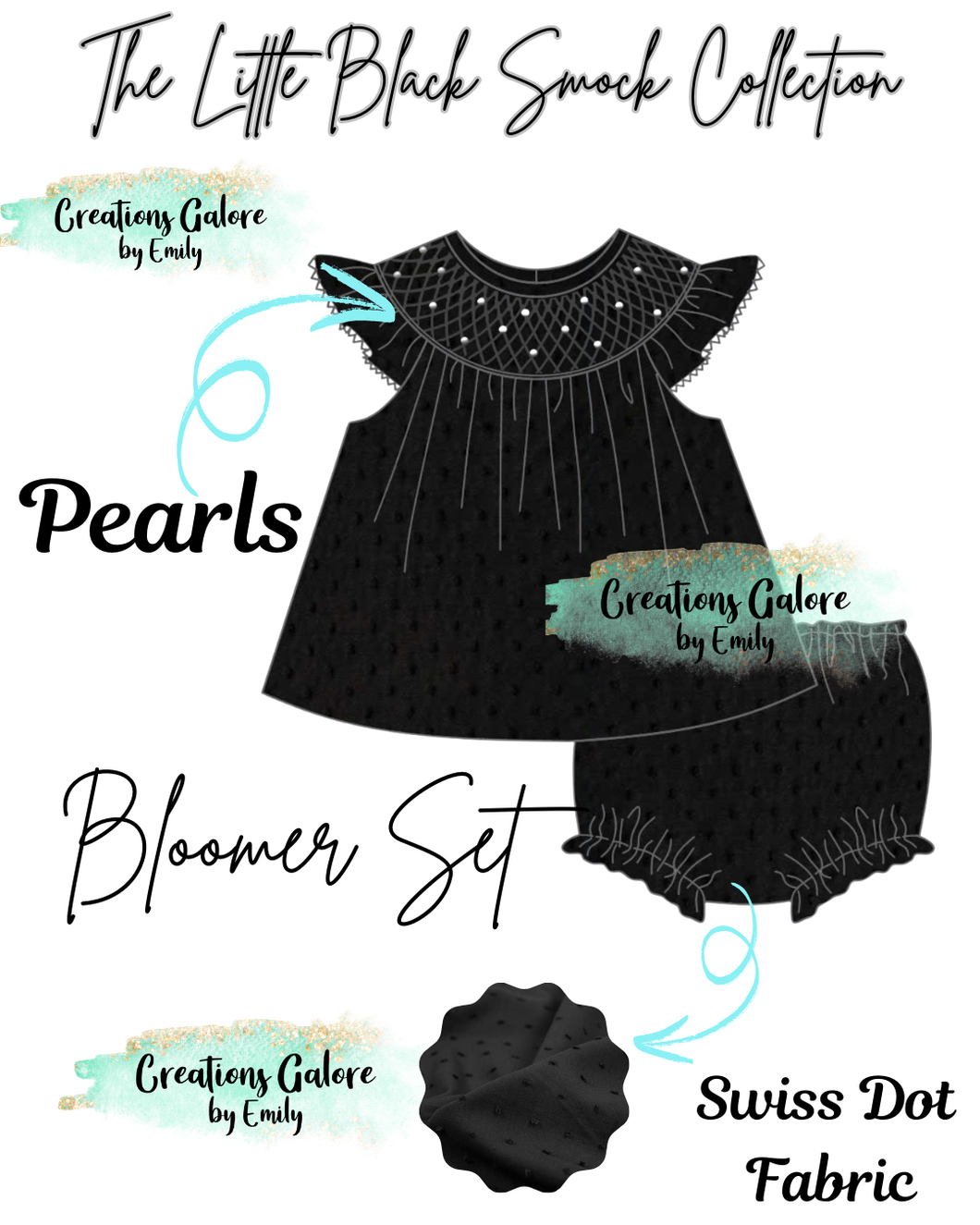 *PRE-ORDER EXTRAS* Black Swiss Dot Hand Smocked Bloomer Set with Pearls [CGBE EXCLUSIVE]
