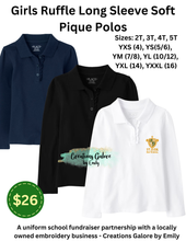 Load image into Gallery viewer, St. Jude's Embroidered Girls Ruffle Long Sleeve Soft Pique Polos
