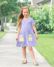 Load image into Gallery viewer, Crayon Pocket Applique Dress - Lavender Stripe
