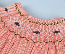 Load image into Gallery viewer, Orange Gingham Spider Hand Smocked Dress
