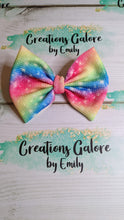 Load image into Gallery viewer, Pink, Turquoise, Yellow Rainbow Stripe Sparkle Print Headwraps &amp; Bows
