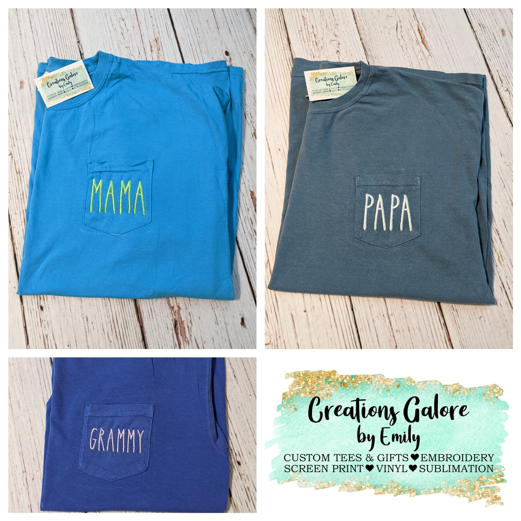 Embroidered Name Comfort Colors Brand Short Sleeve Pocket T-Shirt